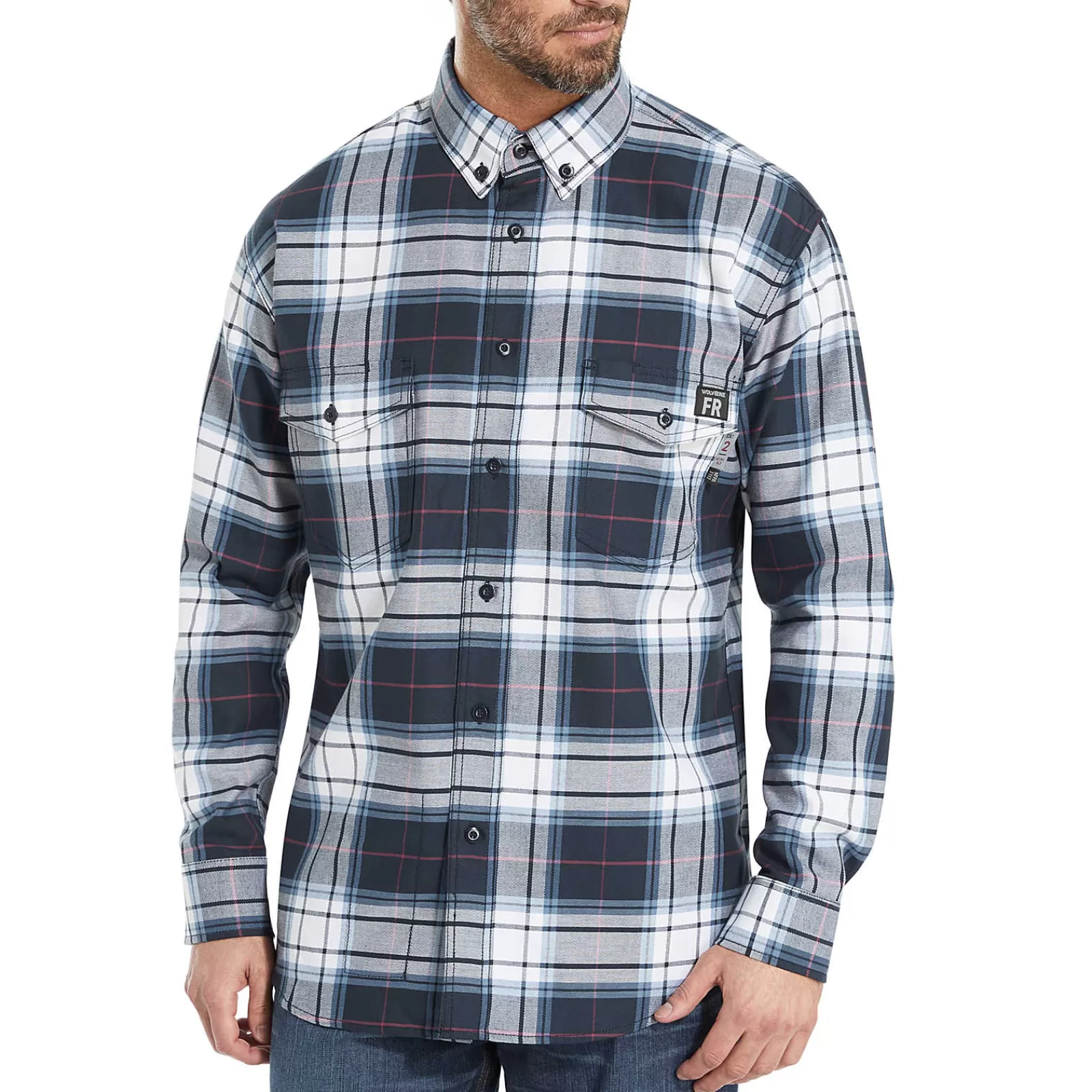 Wolverine FR Plaid Long Sleeve Twill Shirt Navy Plaid Store